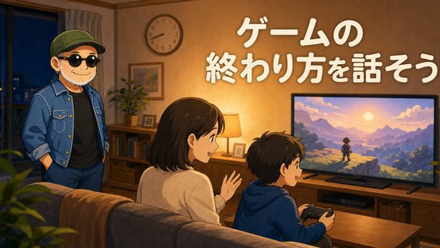 ゲームの終わり方を親子で話す場面を見守る白ひげいってつ