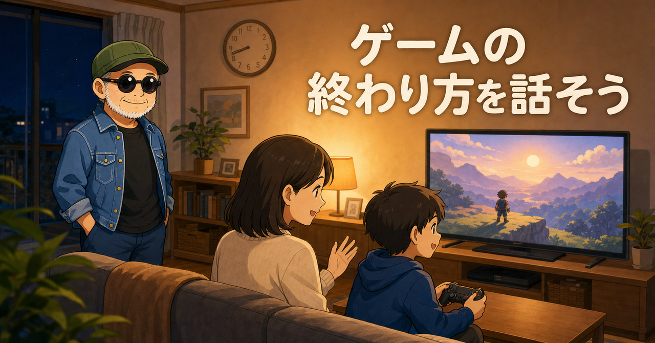 ゲームの終わり方を親子で話す場面を見守る白ひげいってつ