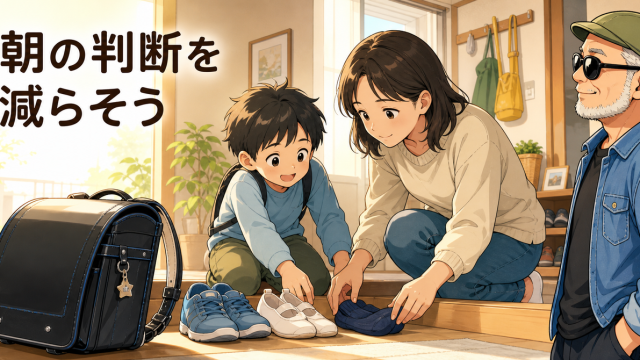 朝の玄関で持ち物を準備する親子を見守る白ひげいってつ