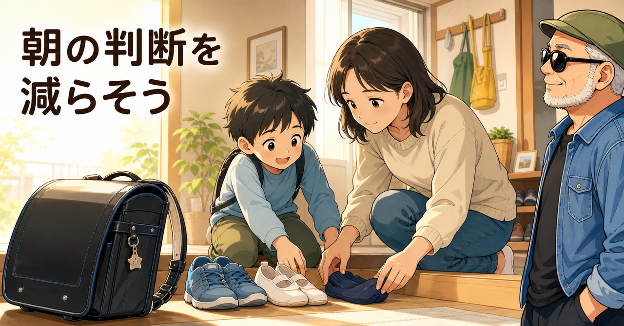 朝の玄関で持ち物を準備する親子を見守る白ひげいってつ