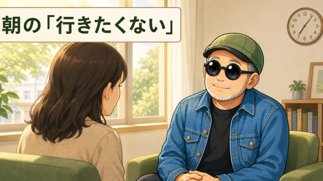 朝の相談室で、緑の帽子と丸眼鏡の白ひげいってつが保護者の話を聞くイラスト