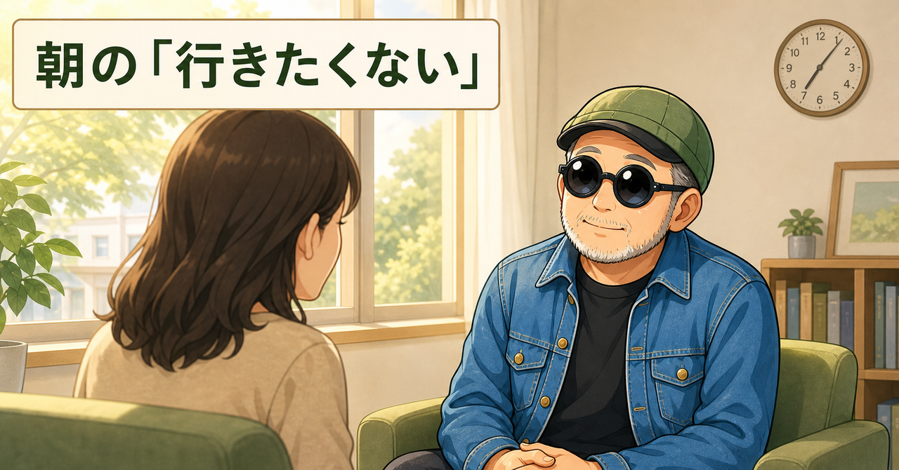朝の相談室で、緑の帽子と丸眼鏡の白ひげいってつが保護者の話を聞くイラスト