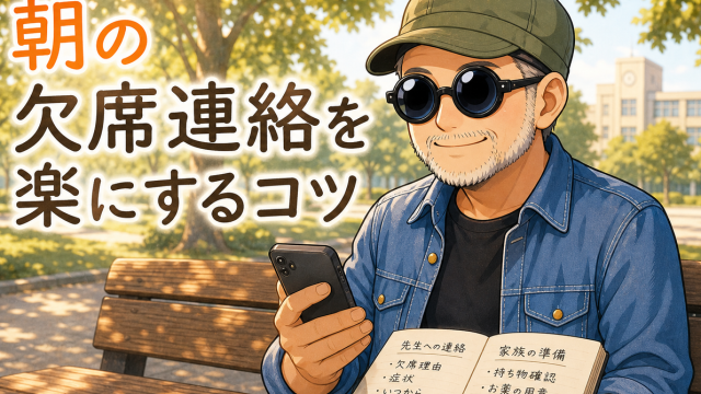 白ひげの男性が欠席連絡のメモを読む様子