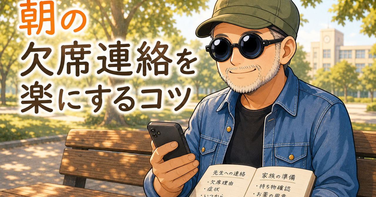 白ひげの男性が欠席連絡のメモを読む様子