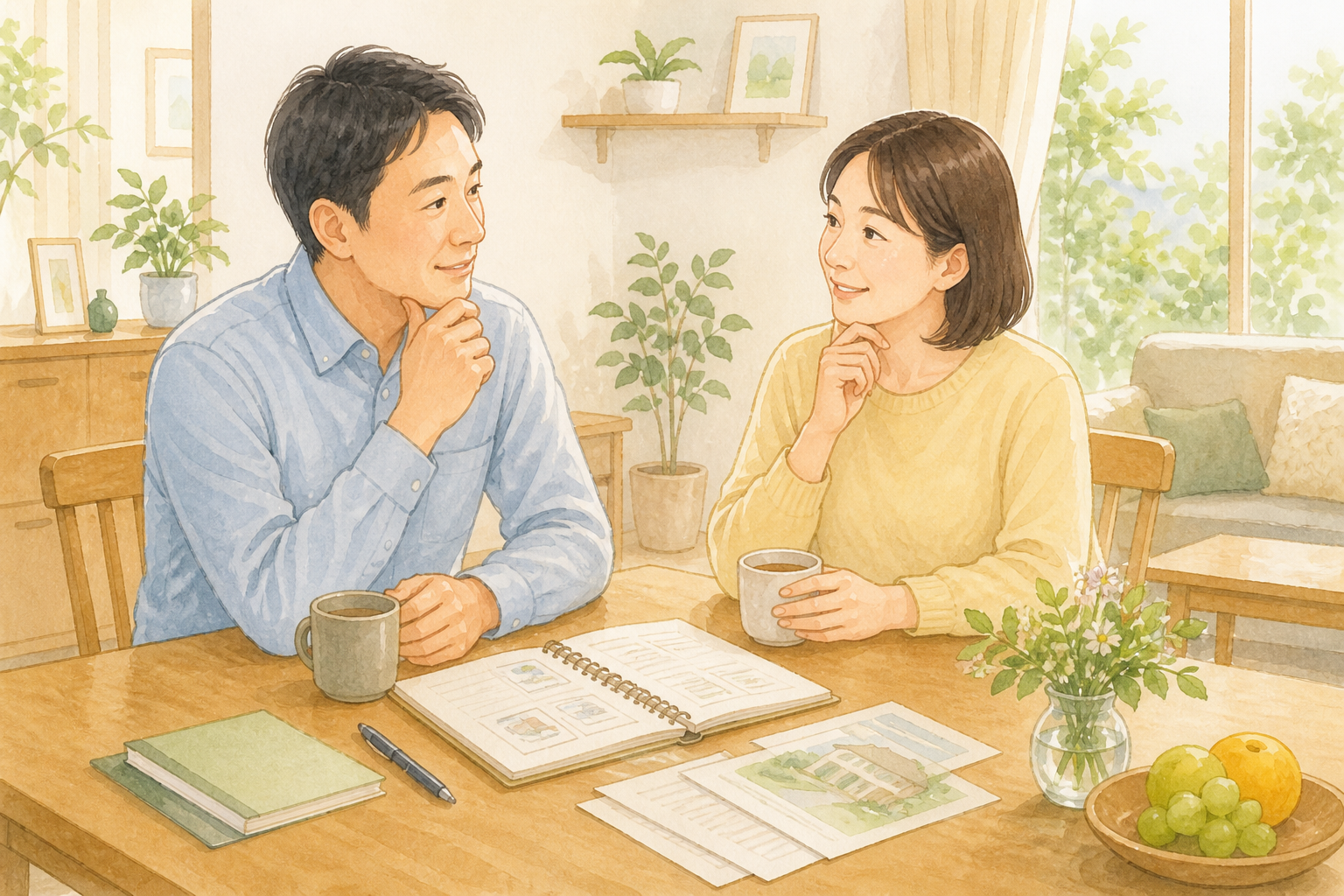 食卓で穏やかに話し合う家族のイラスト（高齢の親と成人した子ども、配偶者）