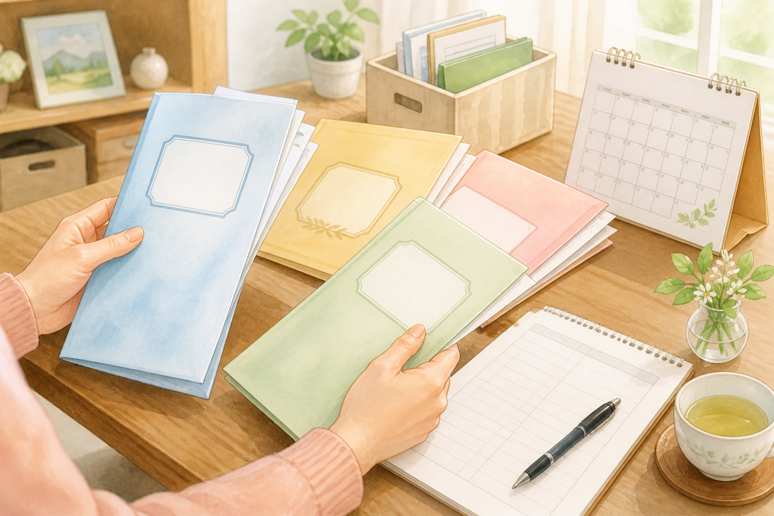 保険関連書類や通帳、チェックリストが並んだ整理イメージの挿絵