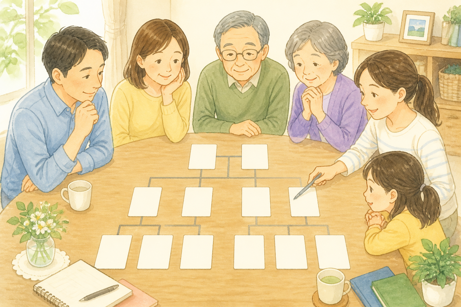 配偶者・子・親を示す家族構成図の手描き風インフォグラフィック（チェックボックス付き）