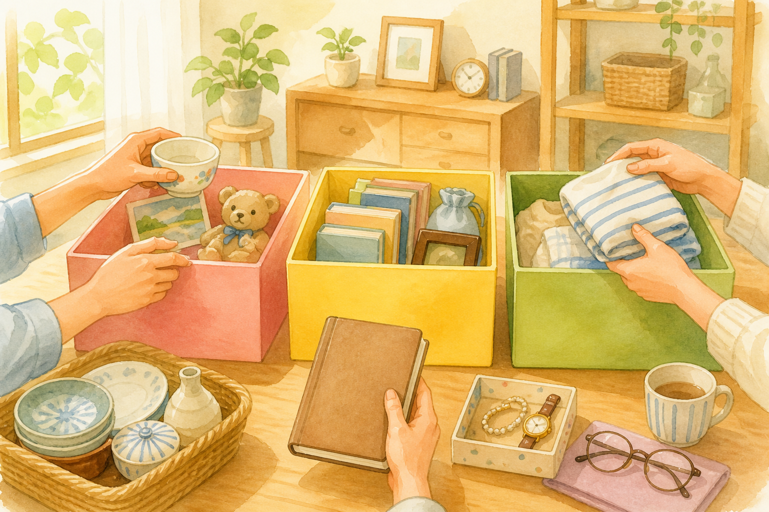 『残す／迷う／処分』の3列シートに写真・書類・衣類を仕分けするイラスト。