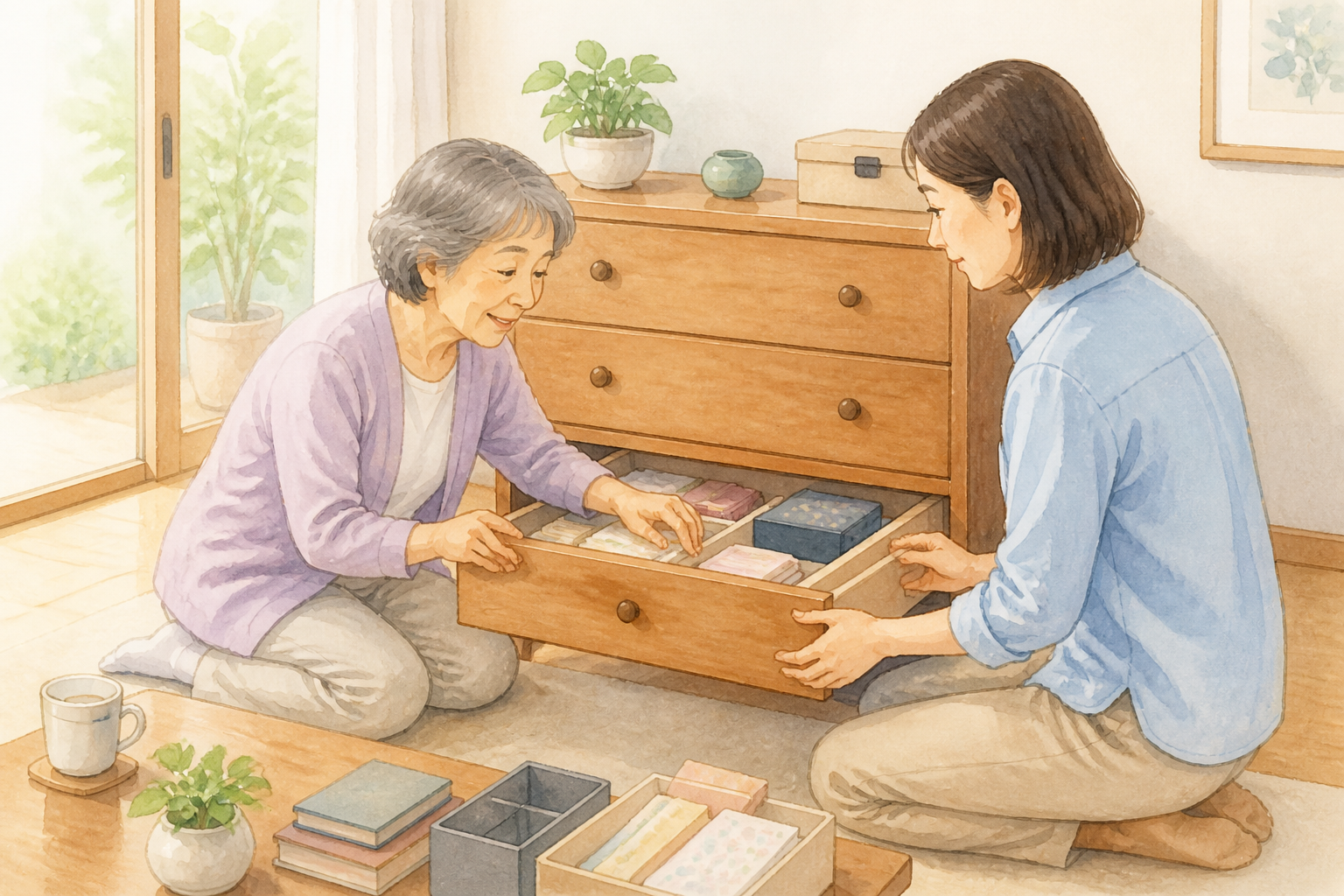 机で書類を「残す・保留・処分」の箱に分ける親子の穏やかなイラスト。