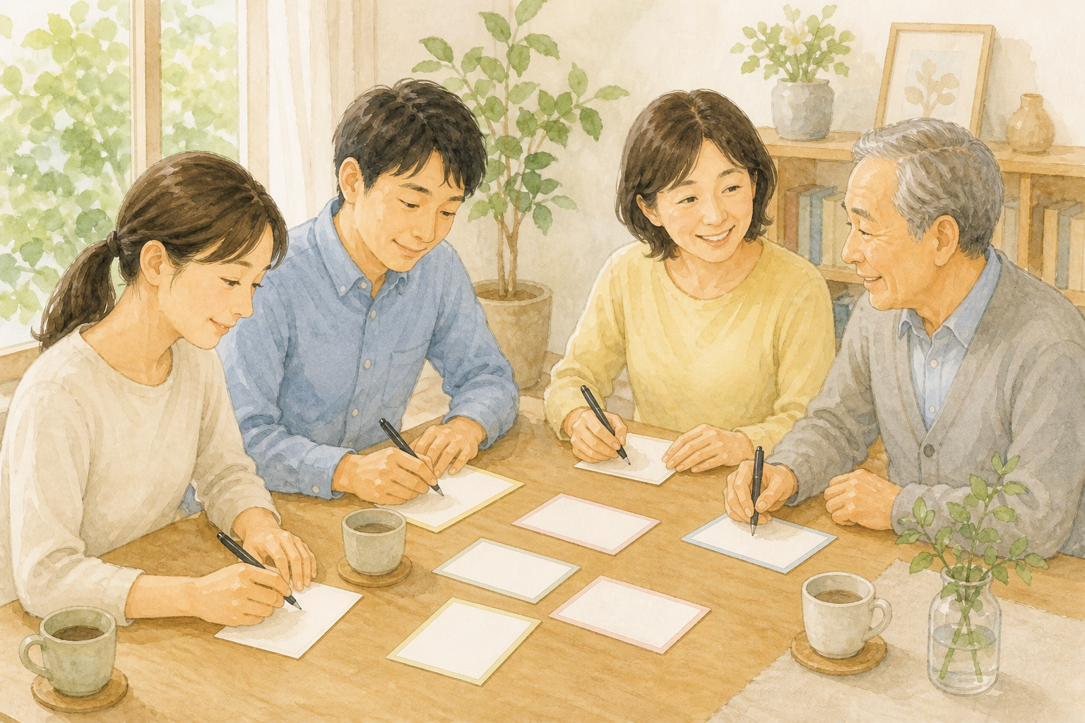 家族がテーブルで将来のケアについて話し合っているイラスト（メモや書類あり）