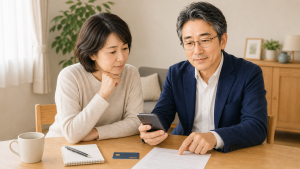 親のスマホとクレジットカードをデジタル遺品として整理するイメージ