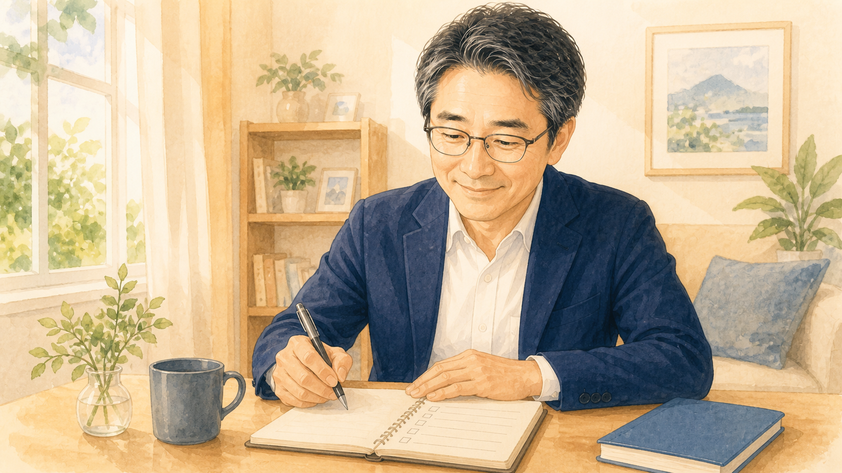 ノートに終活の確認項目を書き出す浅田哲也