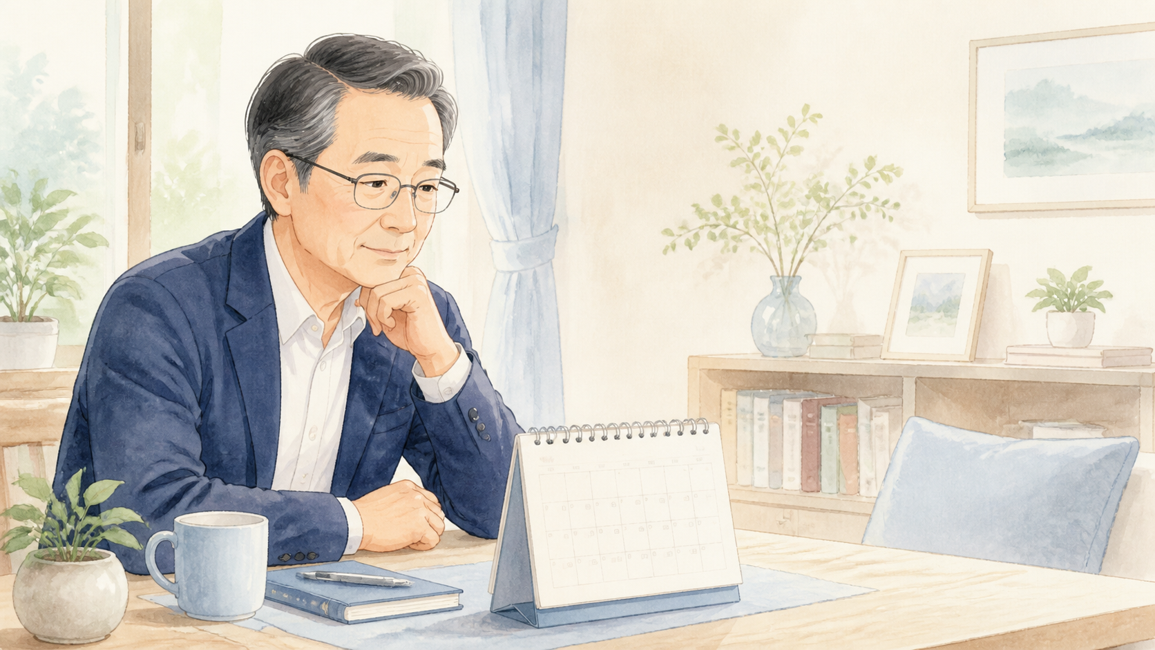 カレンダーを見ながら終活を始める時期を考える浅田哲也