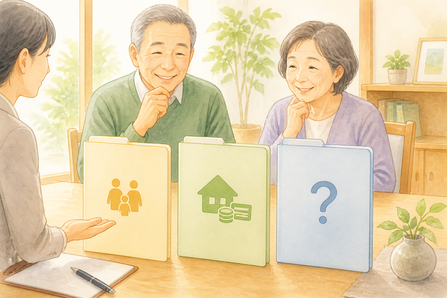 戸籍や通帳、保険証券を入れたフォルダとチェックリストのイラスト（落ち着いた配色）