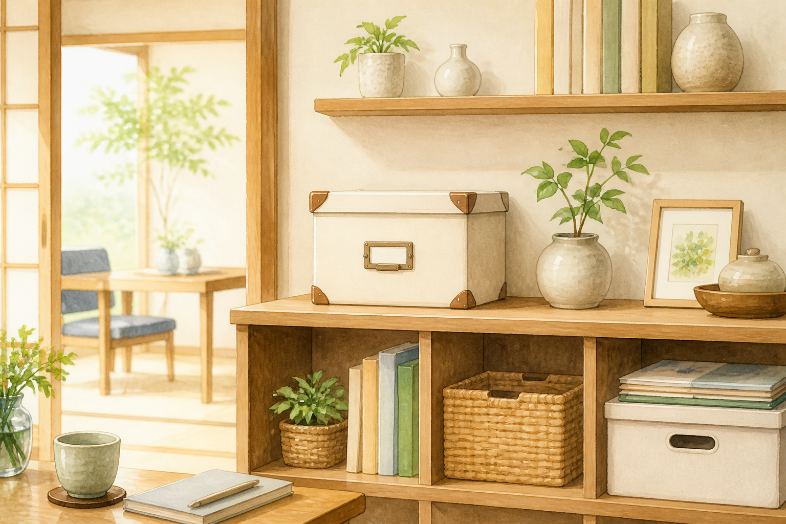 家族がテーブルで箱にラベルを付け、品物を写真で記録しているイラスト。