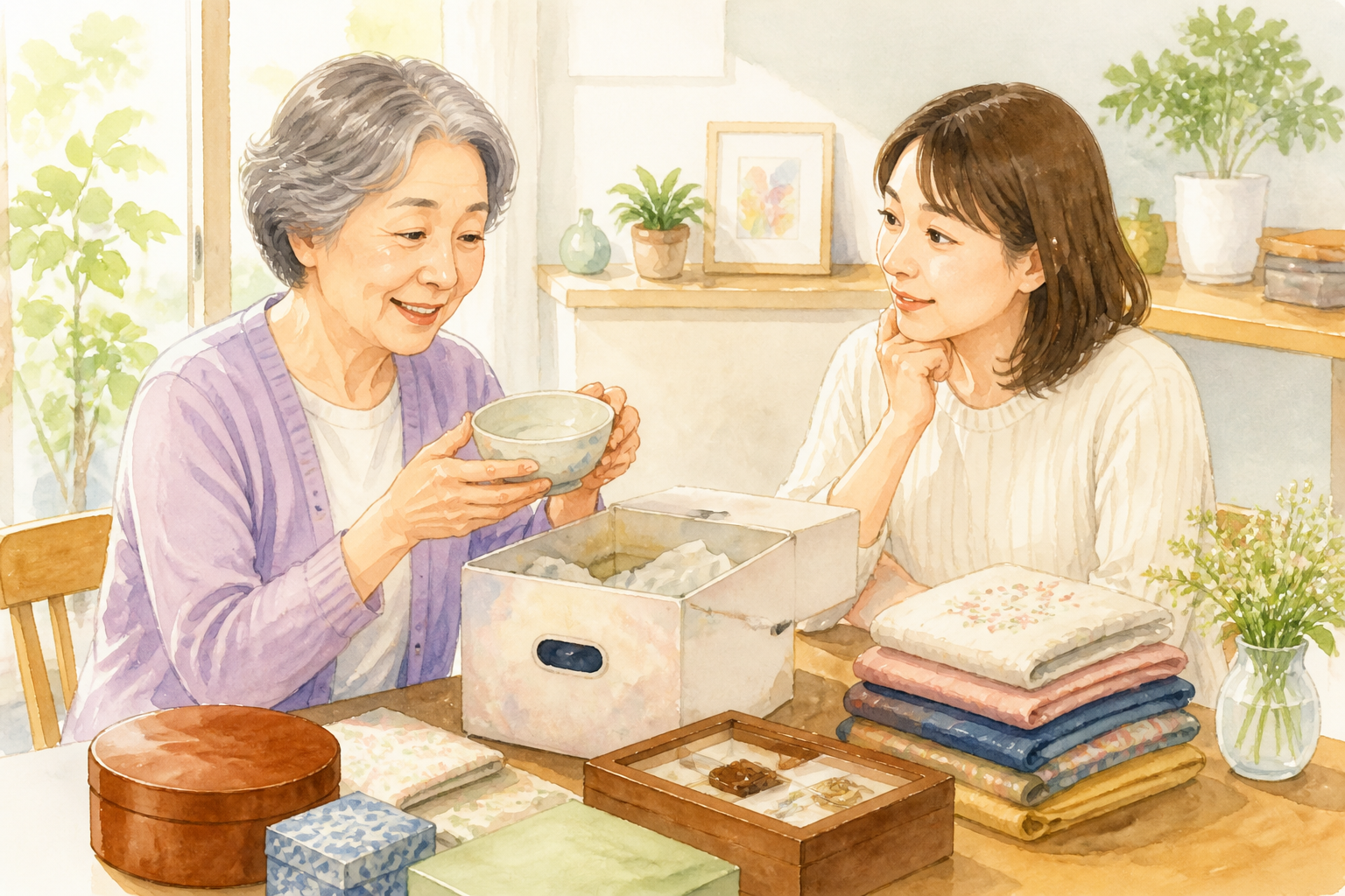 貴重品と書類をラベル付きで整理し、記録ノートとカメラで保存する様子のイラスト。