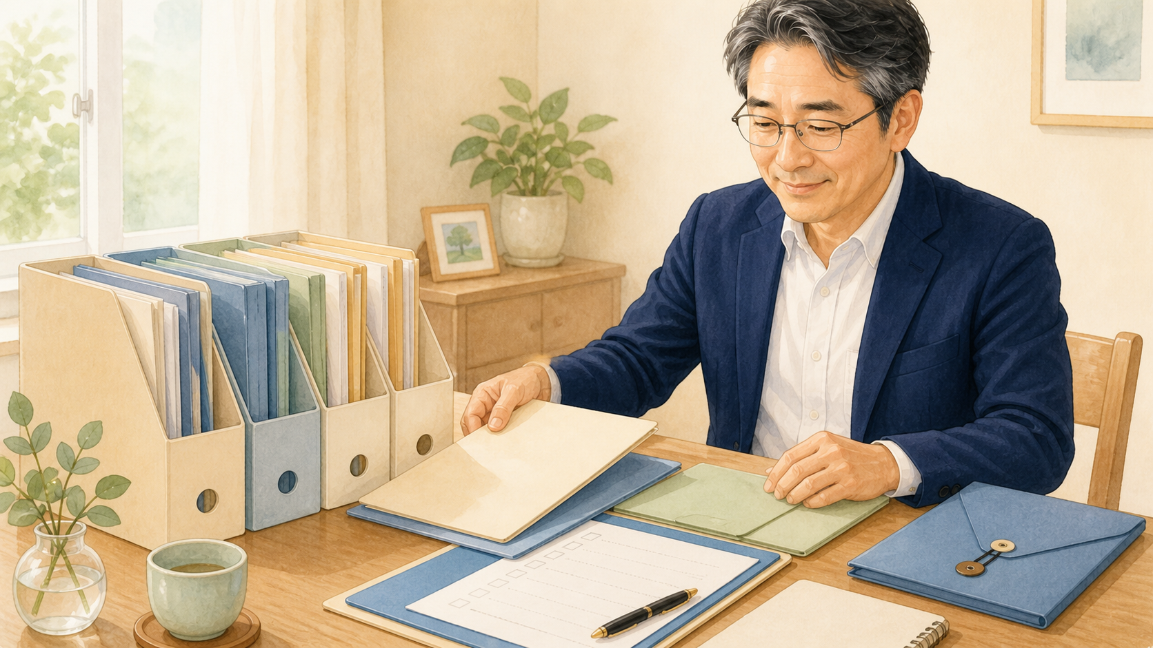 書類とチェックリストを並べて契約情報を整理する場面