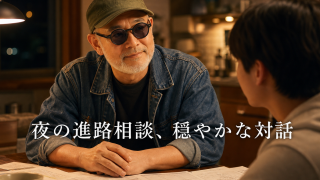 書類を前に夜の台所で穏やかに話を聞く親子。緑の帽子と白ひげの男性がテーブル越しに向き合う