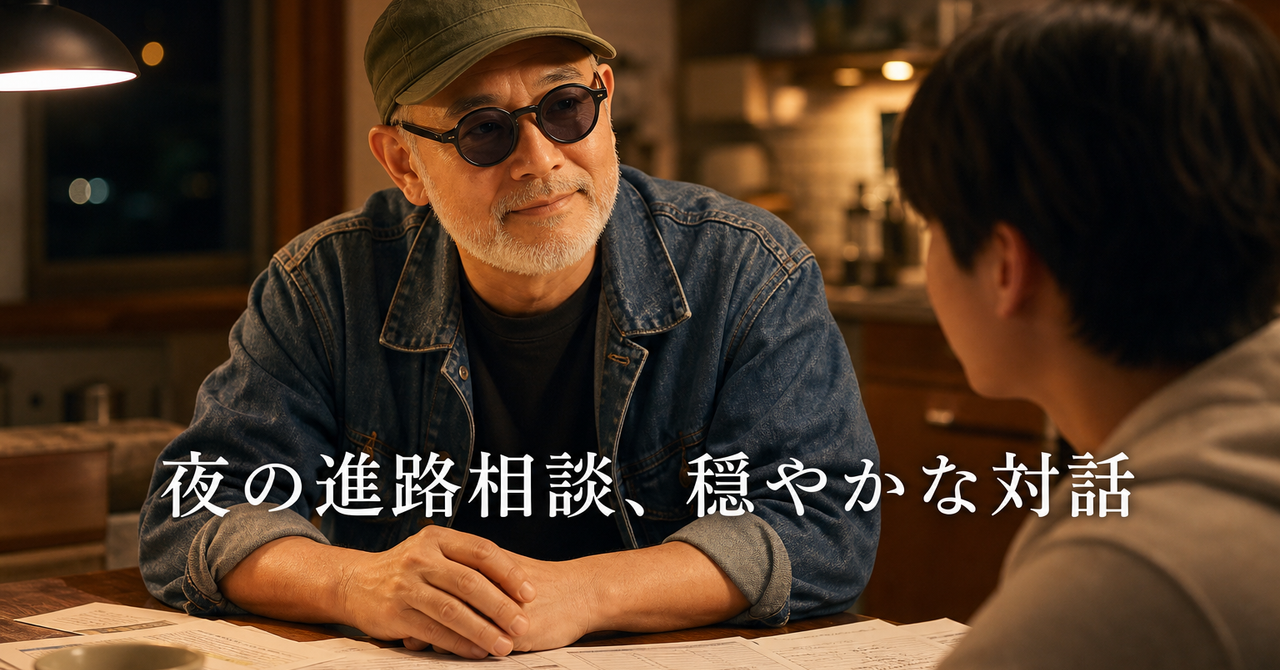 書類を前に夜の台所で穏やかに話を聞く親子。緑の帽子と白ひげの男性がテーブル越しに向き合う