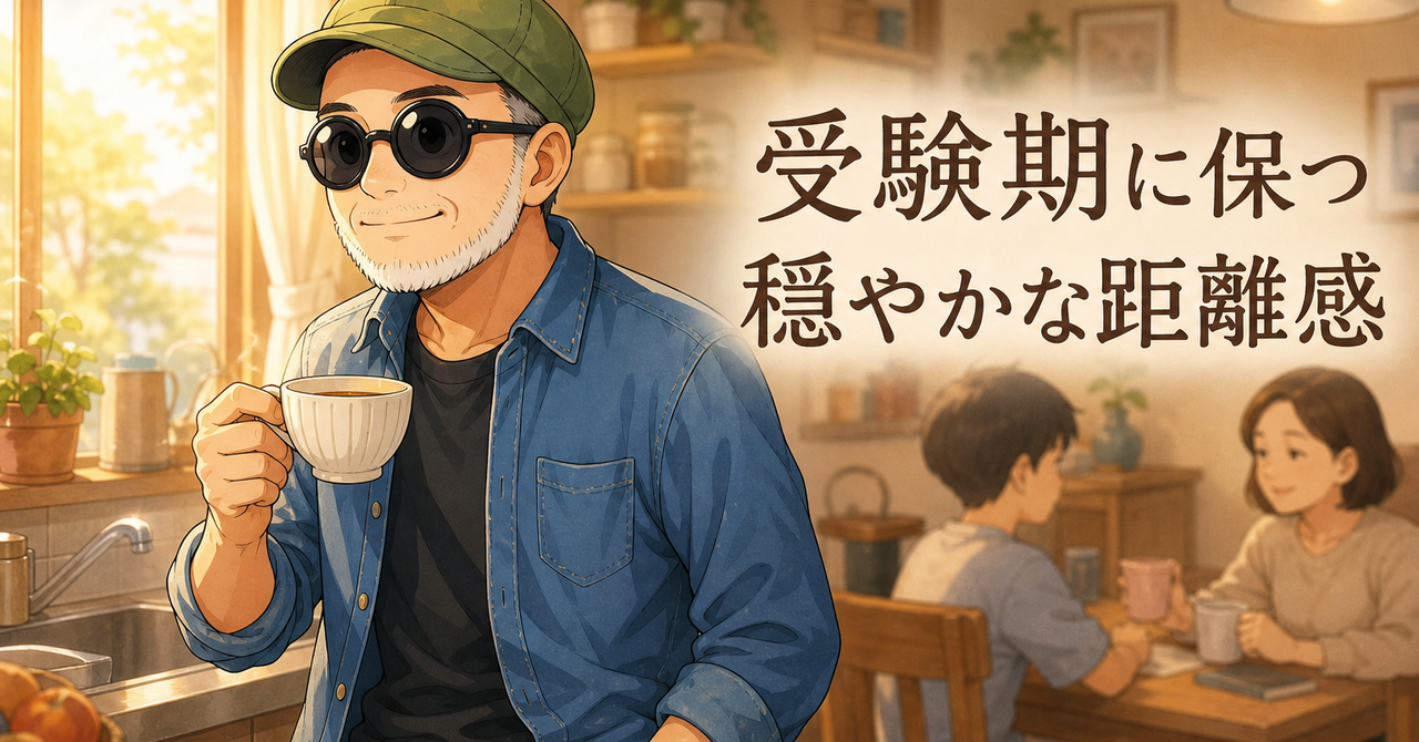 朝の台所で穏やかに微笑む白ひげの男性（緑帽子、丸い黒眼鏡）