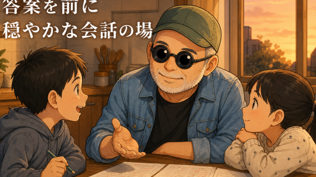 キッチンのテーブルで答案を広げ、穏やかに話す56歳の白ひげ男性