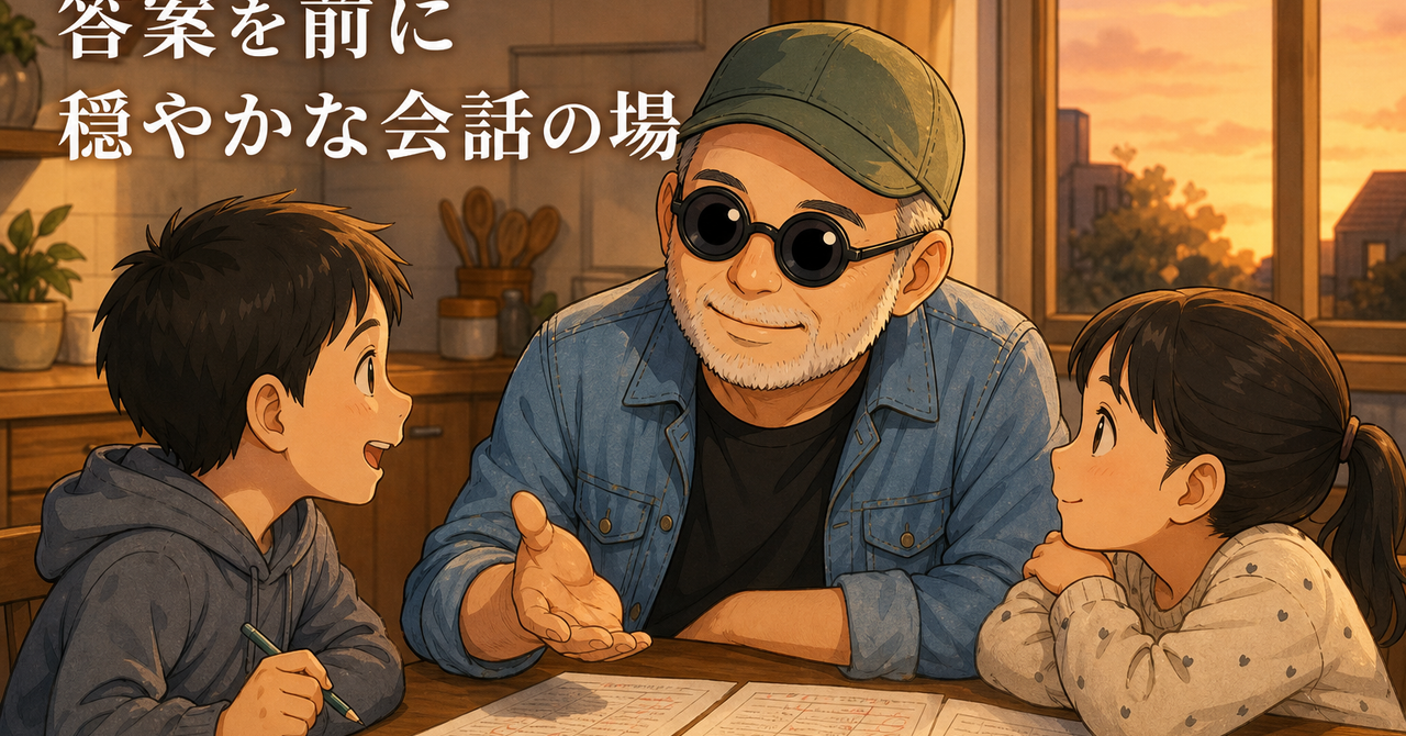 キッチンのテーブルで答案を広げ、穏やかに話す56歳の白ひげ男性