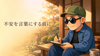 夕暮れの縁側で不安をメモに整理する白ひげいってつ