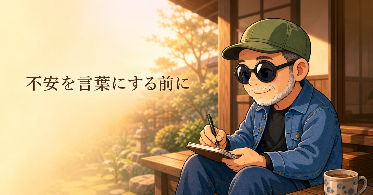 夕暮れの縁側で不安をメモに整理する白ひげいってつ