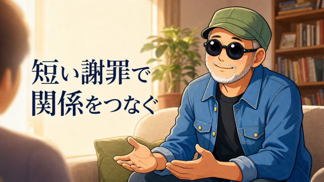 夕方のリビングで子どもへ穏やかに話しかける白ひげいってつ