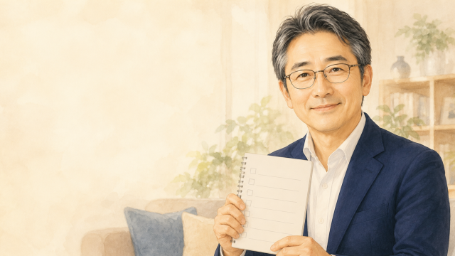 終活のチェックリストを持つ浅田哲也