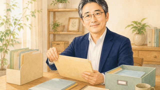 眼鏡をかけ、白髪交じりの黒髪、紺色ジャケットと白いシャツを着た落ち着いた表情の中年男性のポートレート