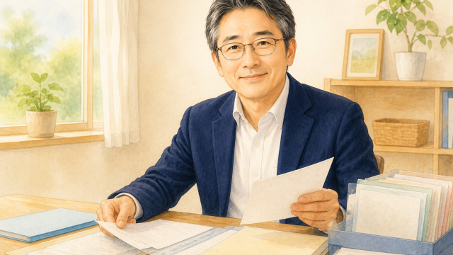 眼鏡をかけ紺ジャケットと白シャツの穏やかな中年男性（著者プロフィール用）