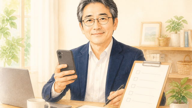 落ち着いた表情の40代男性（眼鏡、白髪交じりの黒髪、紺ジャケット、白いシャツ）のポートレート