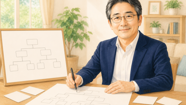 眼鏡をかけた紺ジャケット・白シャツの中年男性（黒髪に白髪交じり）、穏やかな表情のポートレート