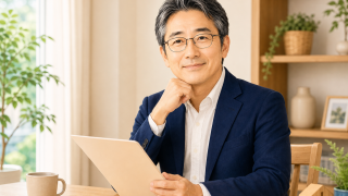 眼鏡をかけた白髪交じり黒髪の中年男性、紺ジャケットと白シャツで穏やかな表情のポートレート