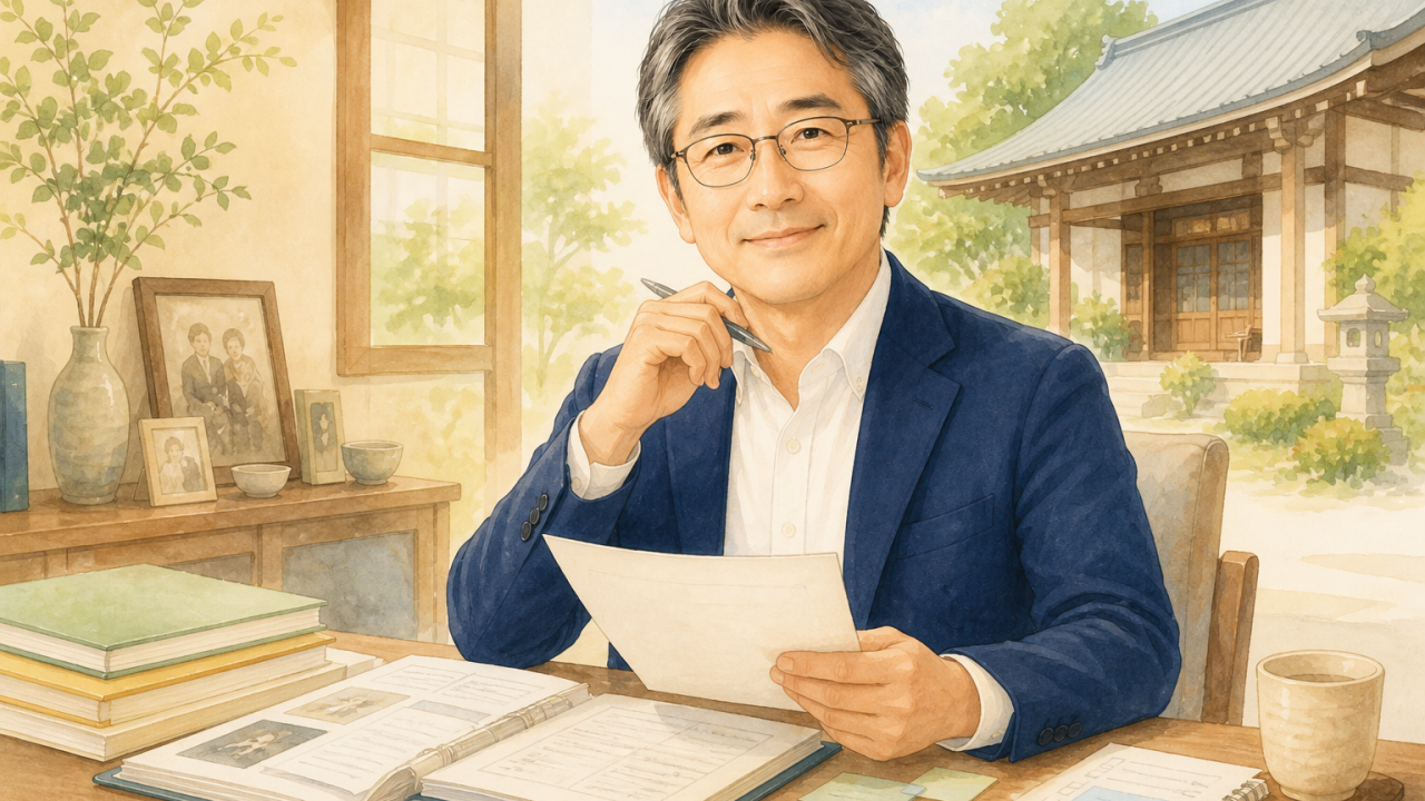 眼鏡をかけた白髪交じりの黒髪の中年男性（紺ジャケット、白シャツ）、穏やかな表情のポートレート