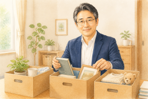 眼鏡をかけ、白髪交じりの黒髪で紺ジャケット・白シャツを着た落ち着いた表情の男性がリビングで小さな整理箱を持つ写真。