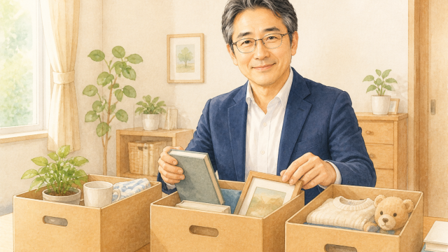 眼鏡をかけ、白髪交じりの黒髪で紺ジャケット・白シャツを着た落ち着いた表情の男性がリビングで小さな整理箱を持つ写真。