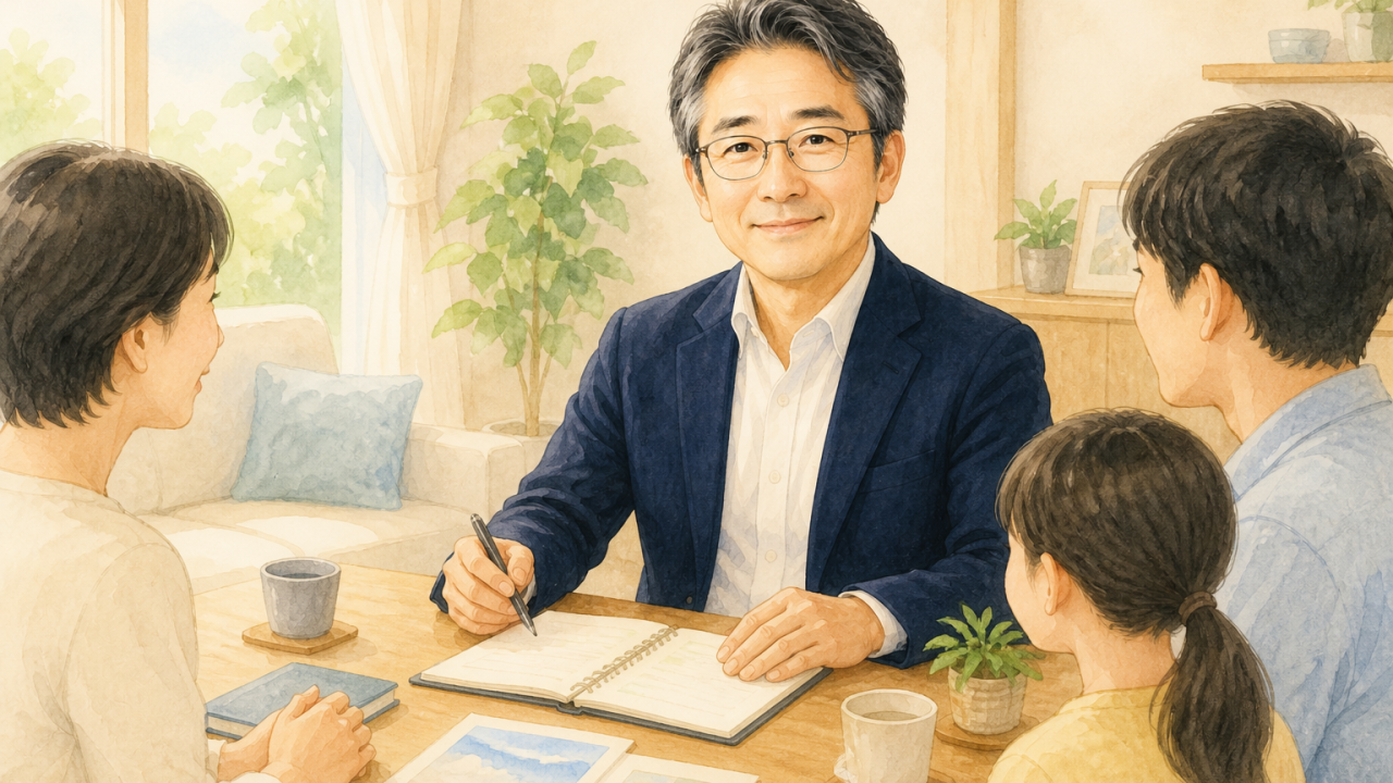 眼鏡をかけた紺ジャケットと白シャツの落ち着いた中年男性（穏やかな表情）