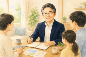 眼鏡をかけた紺ジャケットと白シャツの落ち着いた中年男性（穏やかな表情）