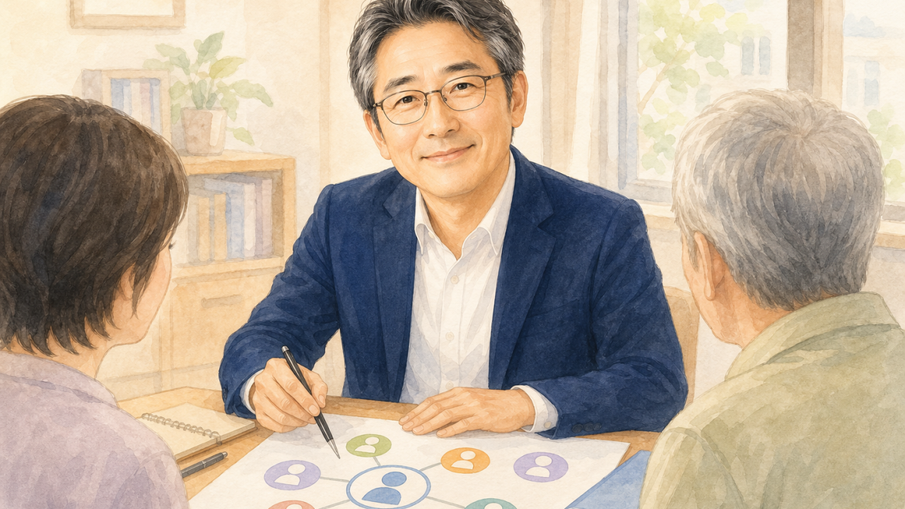 眼鏡をかけた白髪交じり黒髪の紺ジャケットの男性、穏やかな表情で正面を向くポートレート