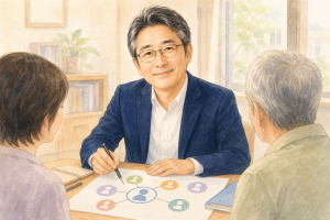 眼鏡をかけた白髪交じり黒髪の紺ジャケットの男性、穏やかな表情で正面を向くポートレート