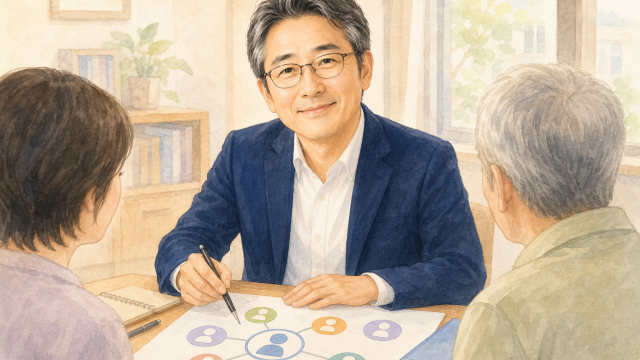 眼鏡をかけた白髪交じり黒髪の紺ジャケットの男性、穏やかな表情で正面を向くポートレート