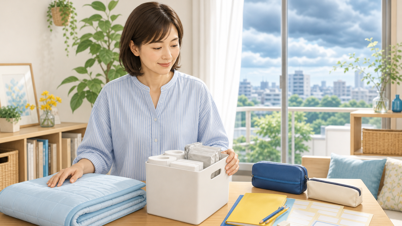 8月末の残暑・防災・新学期準備を見直す女性