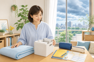 8月末の残暑・防災・新学期準備を見直す女性