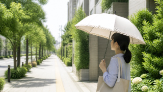 夏の通勤路で白い日傘を差す女性