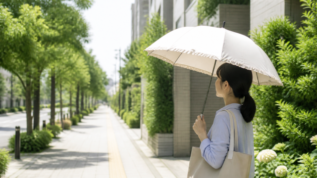 夏の通勤路で白い日傘を差す女性
