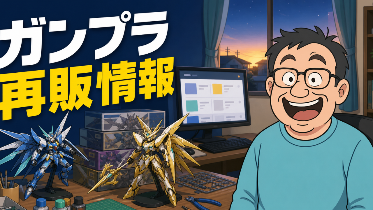 積み上がったプラモデル箱の横でガンプラ再販情報を確認する自宅警備員