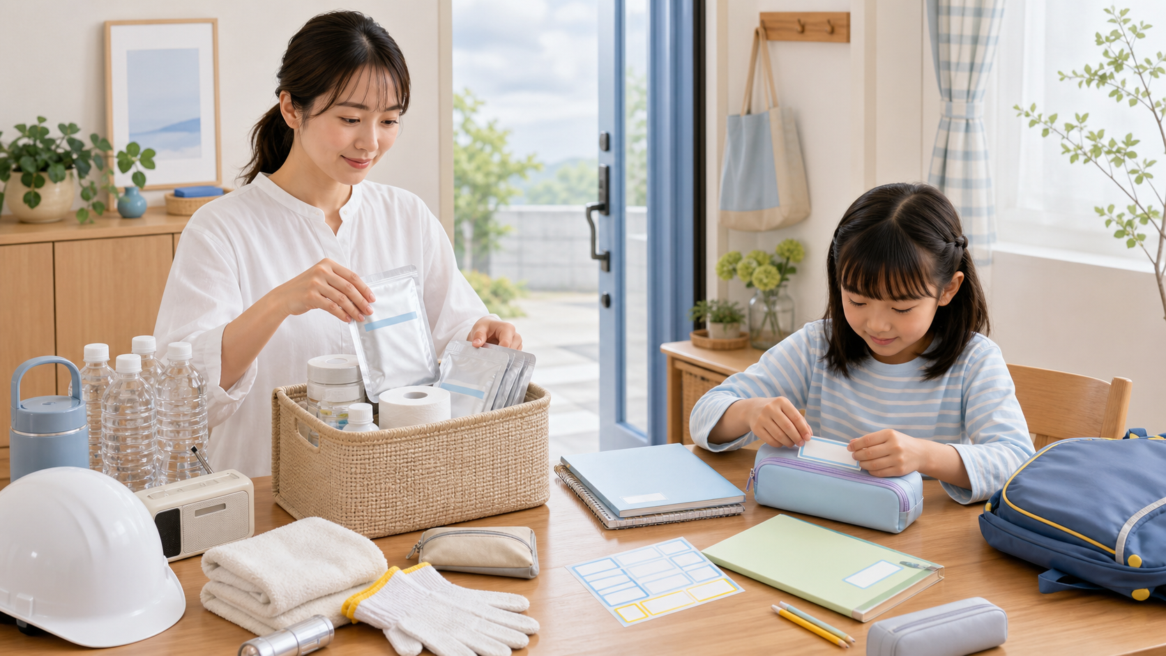 防災備蓄を見直しながら新学期の持ち物に名前シールを貼る親子
