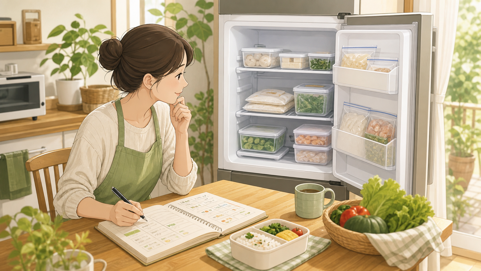 お盆明けの食事準備に向けて冷凍庫の空きと献立を確認する様子